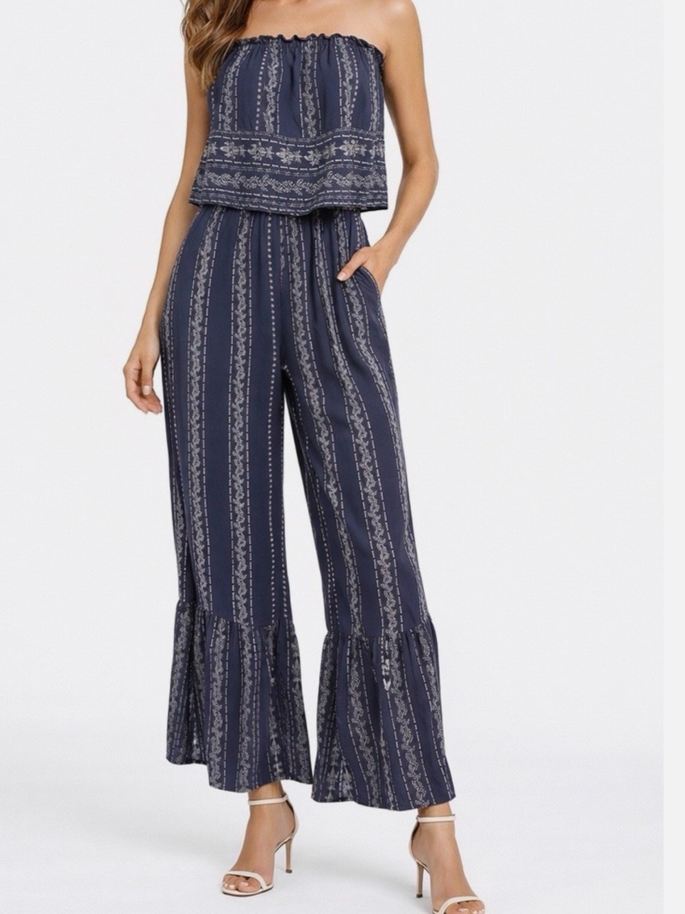 Japna Navy Printed Smocked-Waist Wide Flair Leg Jumpsuit